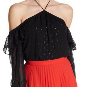 1. State Black Asymmetrical Flutter Sleeve Blouse